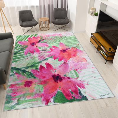 Empire Art Direct Pink Green Floral I, Hand Washable Flowers Art Area Rug, power-loomed, 100% polyester, 2mm pile, non-slipping back