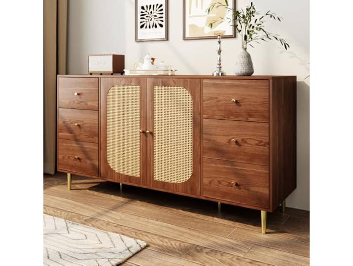 OUNICE Sideboard, Rattan-Sideboard, Aufbewahrungsschrank mit Schublade, unabhängiger Holzschrank, Küche, Zuhause, Wohnzimmer, braun, 160 x 40 x 90 cm