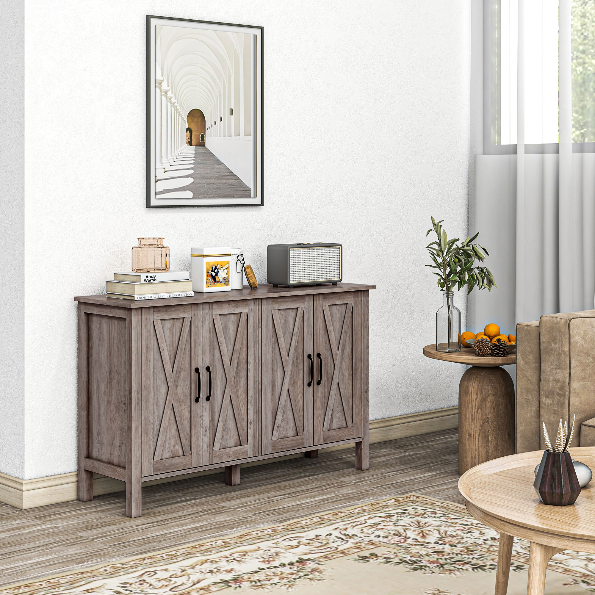Homcom Mobiletto Multiuso stile Rustico con 4 Ripiani Portaoggetti Regolabili, in Legno, 120x37x75 cm, Grigio