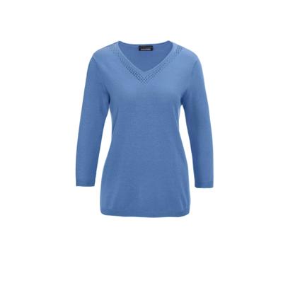 Rundhalspullover GOLDNER "Kurzgröße Pullover mit V-Ausschnitt", Damen, Gr. 24, blau (jeansblau), Obermaterial: 50% Baumwolle CO. 50% Polyacryl PAN., Rippe, Pullover Rundhalspullover, Mit hübschen Ajourdetails am V-Ausschnitt