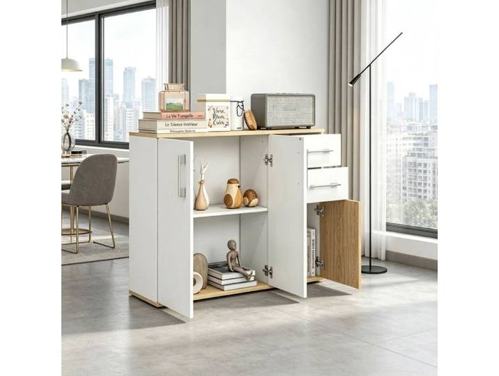 Buffet blanc et naturel 90x30x75 5 cm avec tiroirs meuble de rangement salon Norevia