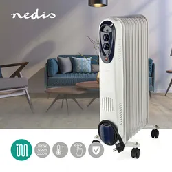 Mobiler Heizkörper Ölheizung Radiator Heizgerät mit Rollen, Thermostat Stolperschutz, weiß, 3 Stufen 800/1200/2000 Watt, BxHxT 24x62x39 cm, Nedis HTOI30WT9