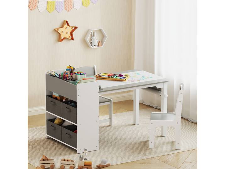 AIYAPLAY Table et 2 Chaises Enfant Bois avec Tiroirs Gris