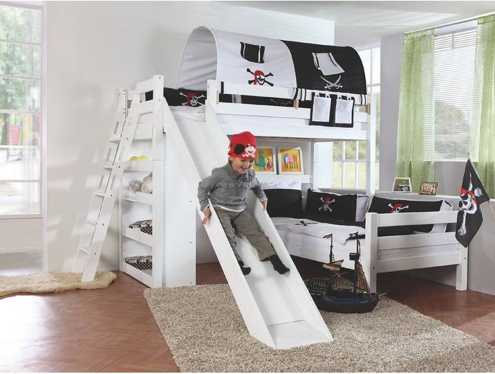 Natur24 Kinderbett Etagenbett Sky Buche massiv Weiß lackiert mit Tunnel Bett