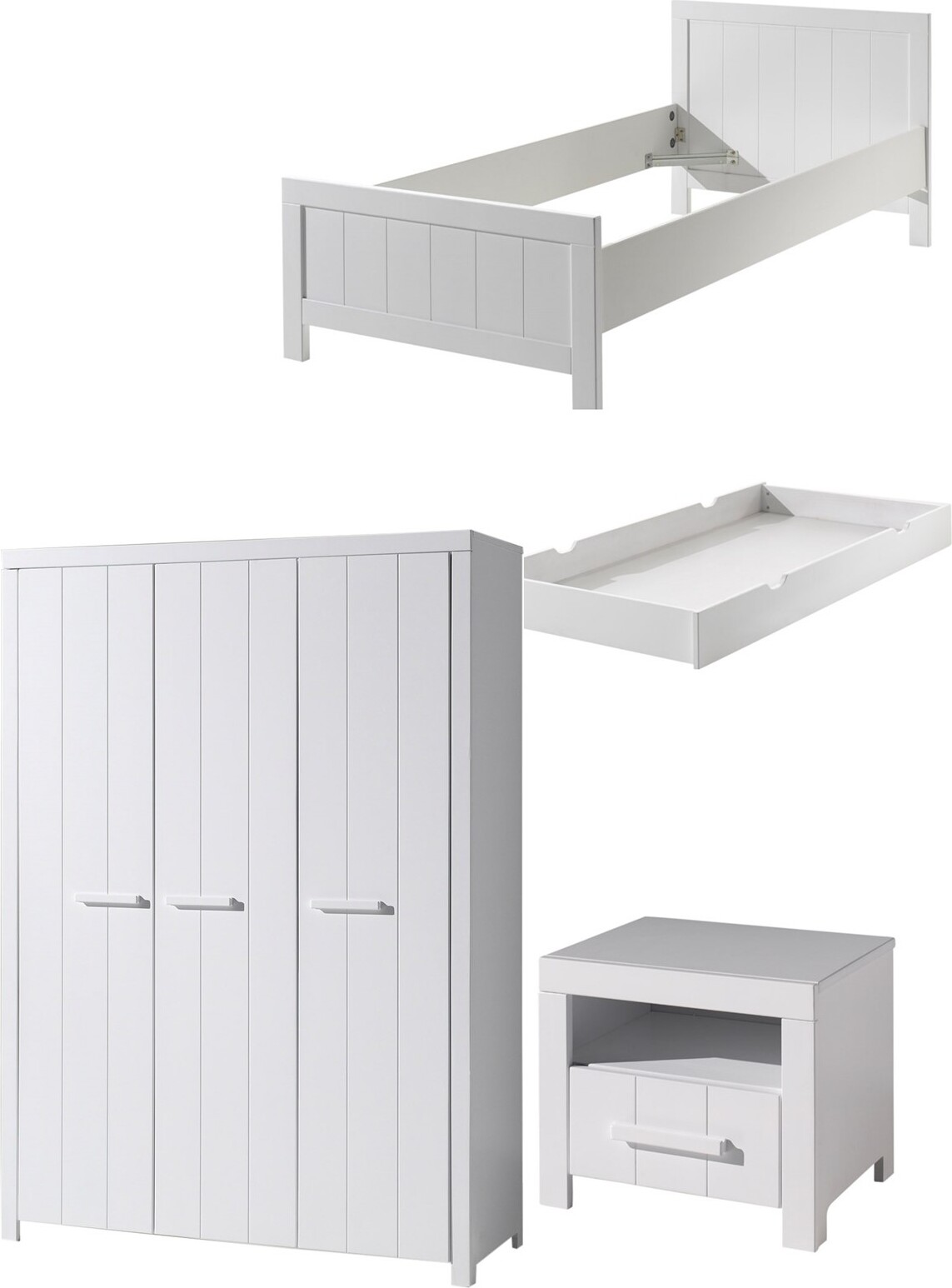 Vipack Kinderzimmer-Set Erik Einzelbett 90 x 200 cm + Nachttisch + 3-türiger Kleiderschrank + Ausziehbett