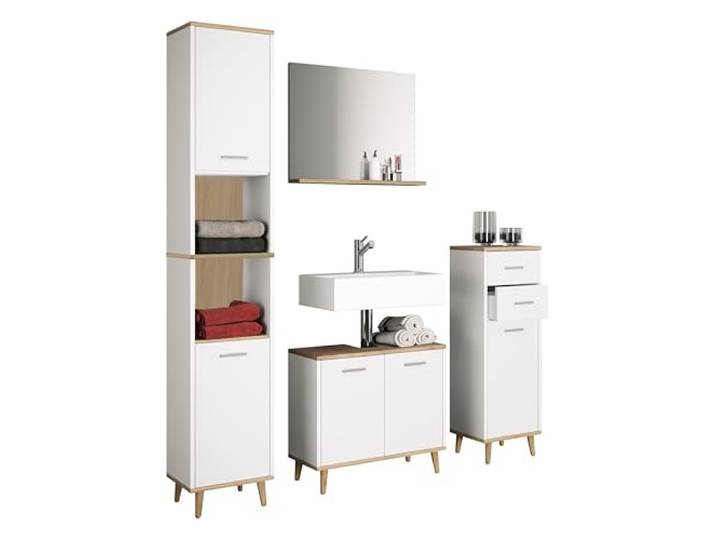 VCM Badmöbel-Set Weiß/Honig-Eiche 124x28x181 cm 5 Türen 9 Fächer Badezimmer komplette Aufbewahrungslösung für das Bad - für eine einheitliche Badeinrichtung - für Familien mit hohem Stauraumbedarf