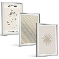 BILDER SET 3er Set - 40x60 cm Silberner Rahmen - Minimalistische Sandlinien Sonne