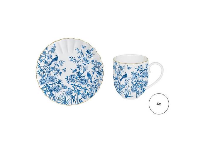 EasyLife Kaffeeservice Paradise Garden, Porzellan, Handwäsche empfohlen, Mehrfarbig, Blumen und Vogel, H: 2.5cm