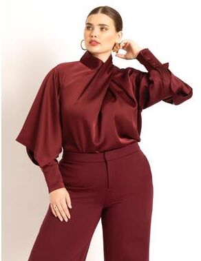 Plus Size Women's Draped Neck Satin Blouse by ELOQUII in Zinfandel (Size 18)