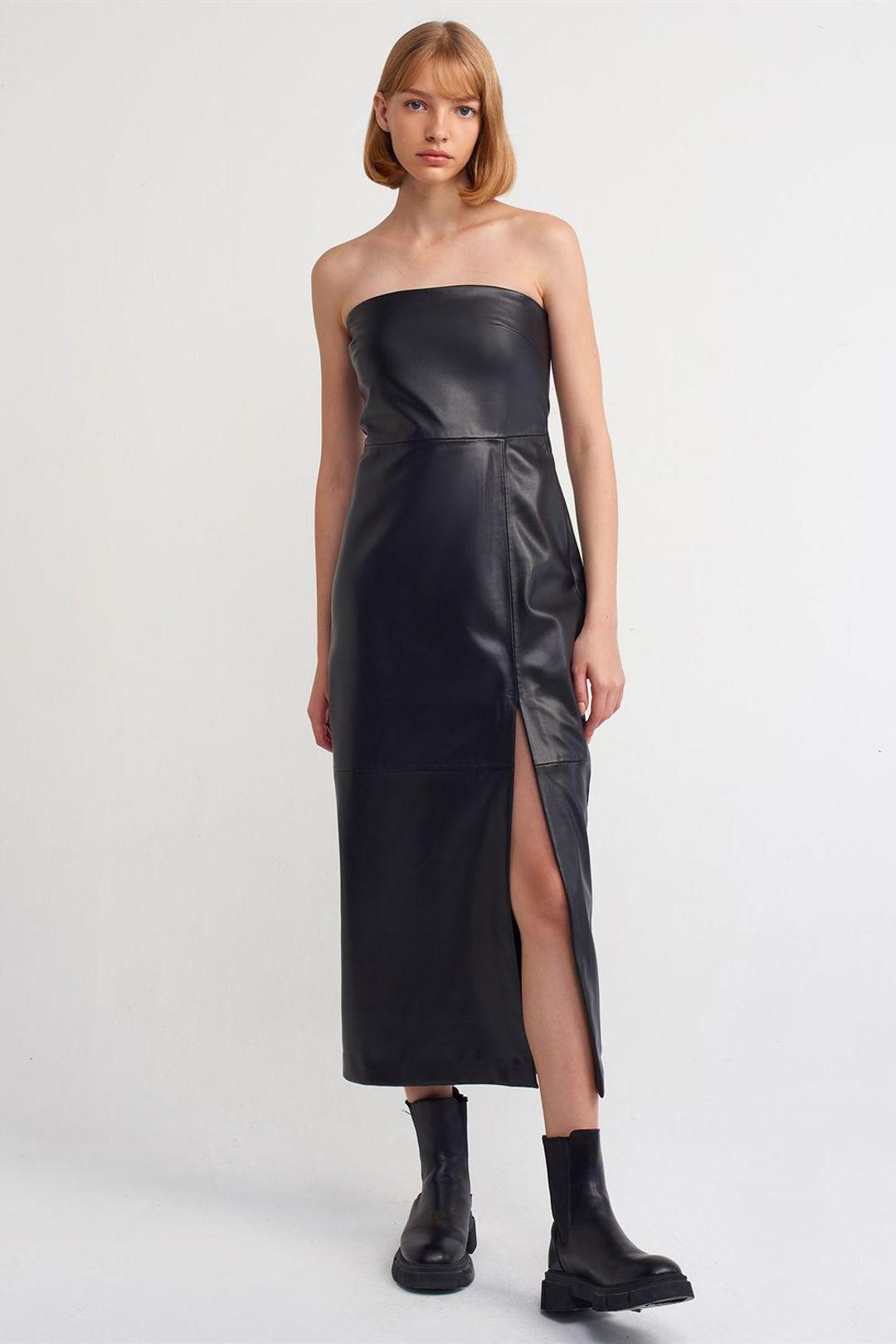Dames Strapless Faux Leather Midi-jurk