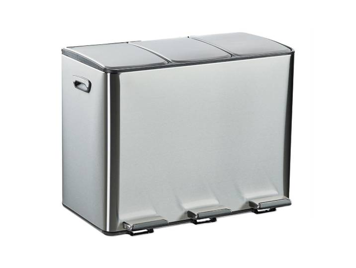 Relaxdays Mülleimer Silber 3 Fächer je 15 l Edelstahl Trittpedal Softclose, Silberfarben, Metall, Kunststoff, Rechteckig, 61x46.5x37 cm, Haushalt & Reinigung, Reinigung, Mülleimer & Abfallsammler