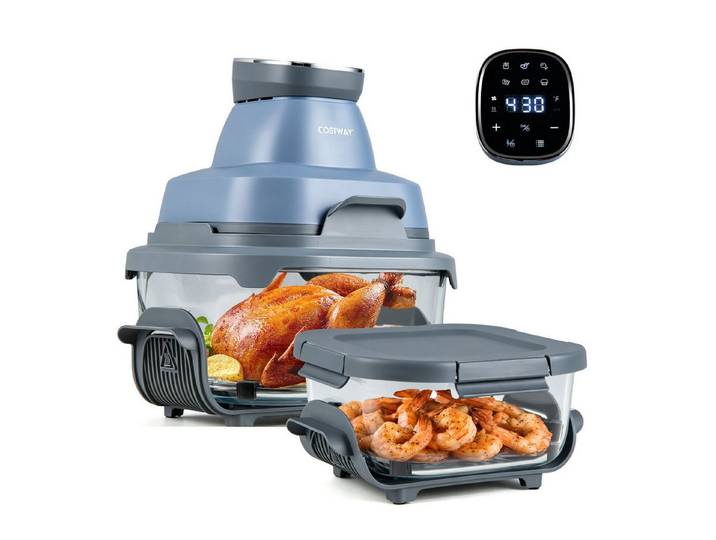 COSTWAY Heißluftfritteuse, 1500 W, Airfryer mit 4 L/1,7 L Glasbehälter, Deckel