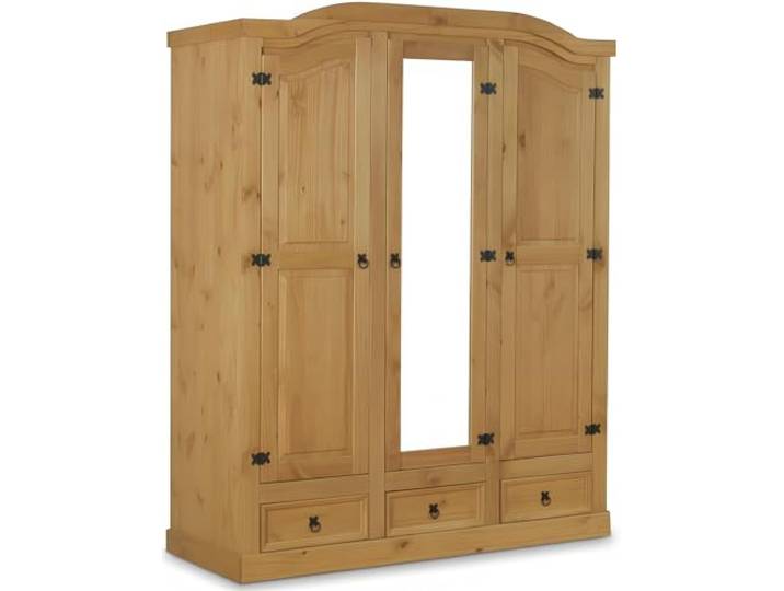 Kleiderschrank Holz – Mexico Kleiderschrank mit 3 Schubladen – B157xH193xT57cm – Massivholz Kiefer Natur – Garderobenschrank Mit Spiegel – Schwebetürenschrank – Schlafzimmerschrank – Flurschrank