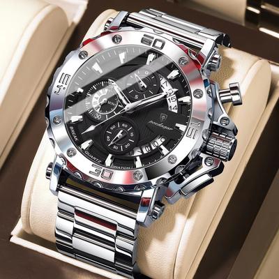 Inspired Finds POEDAGAR Luxury Stainless Steel Chronograph Watch For Men silver Black