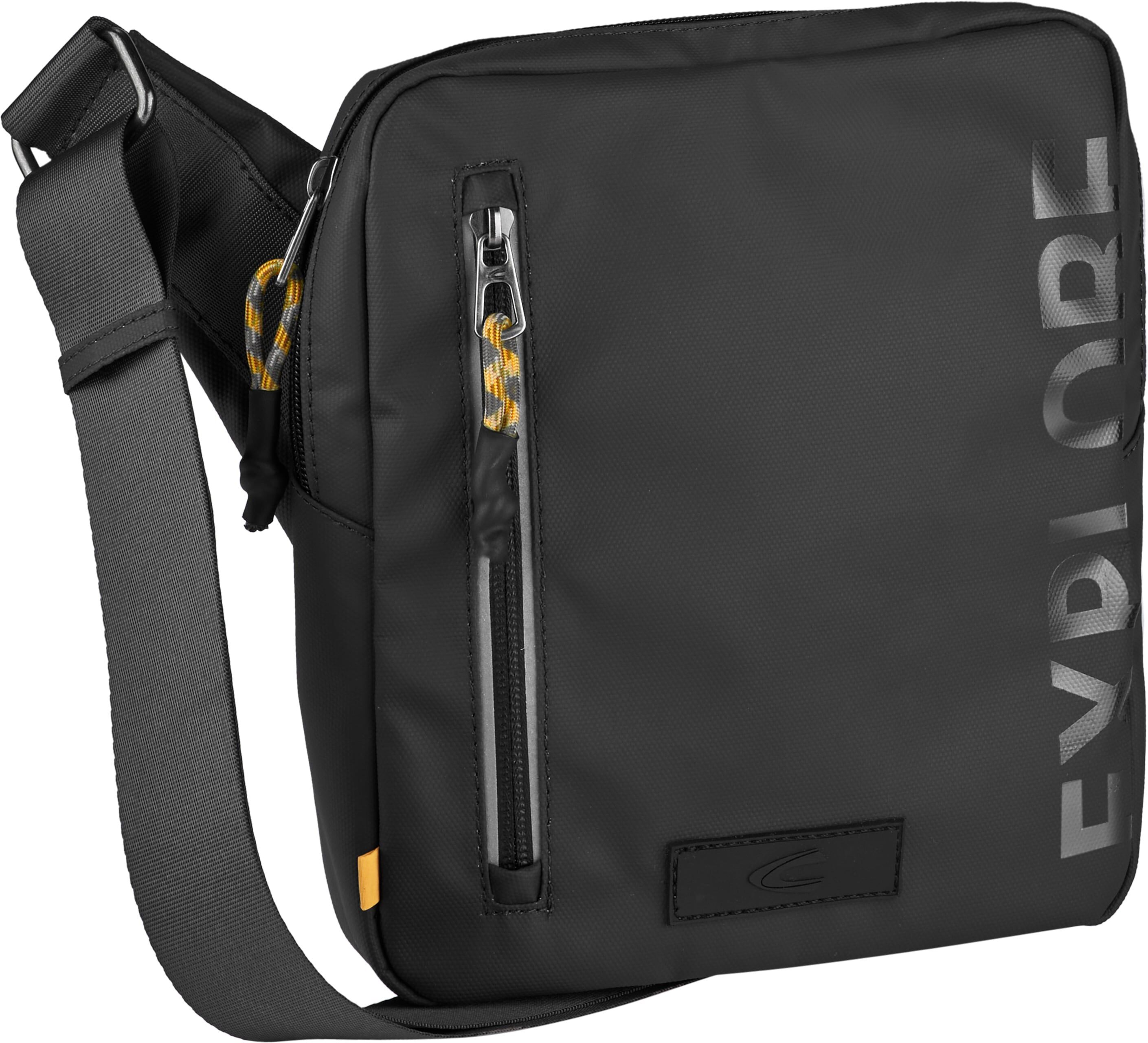 Umhängetasche CAMEL ACTIVE "Explore", Herren, Gr. B/H/T: 22cm x 24cm x 6,5cm, schwarz, Nylon, bedruckt, beschichtet, clean, unifarben mit Farbeinsätzen, Taschen Umhängetasche, wasserabweisendes recyceltes Nylon und reflektierende Reissverschlüsse schwarz 