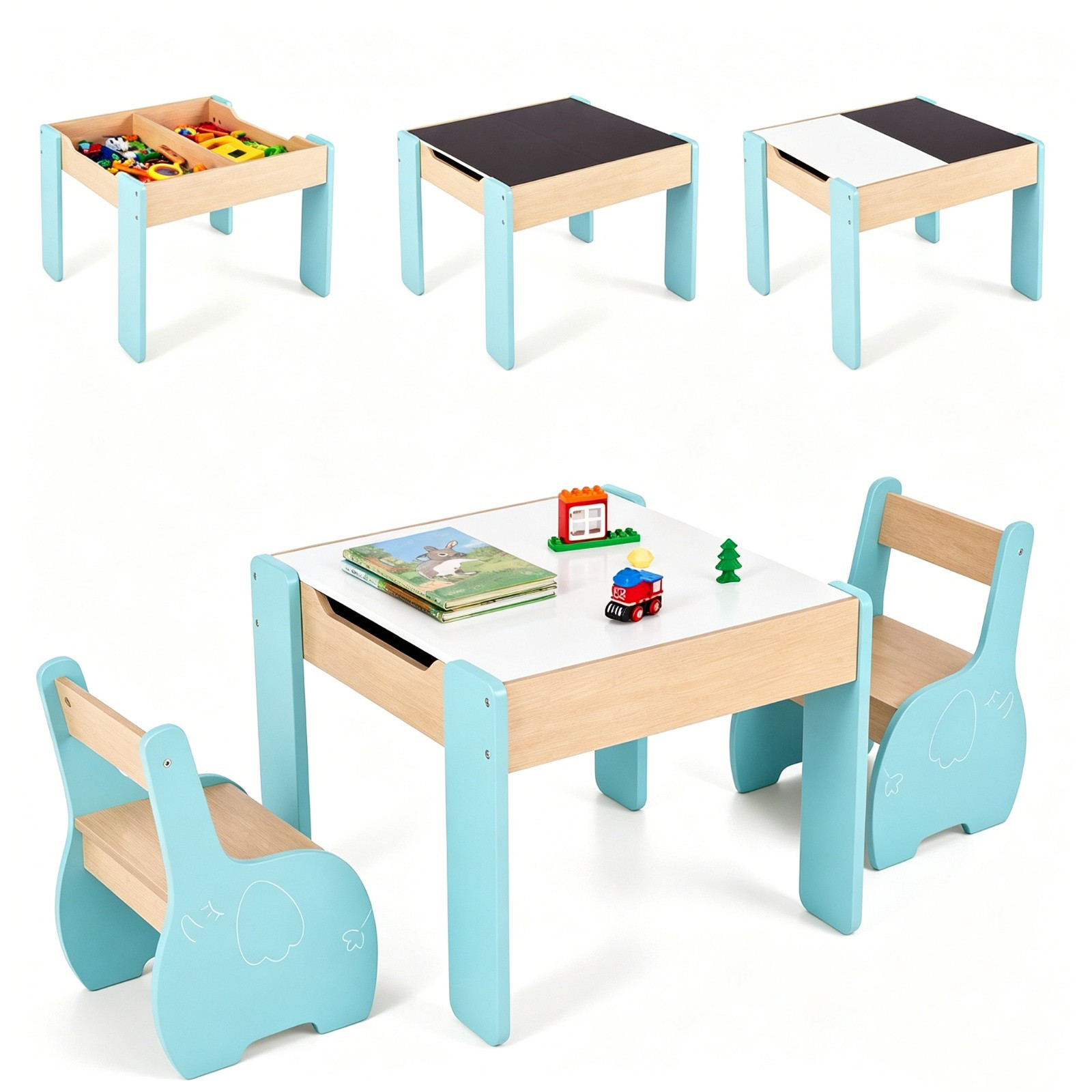 Costway Kindertafelset met 2 Olifantenstoelen, Omkeerbaar Schoolbord en 2 Opbergvakken, Blauw