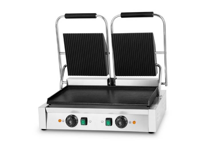 vertes Tischgrill Grillplatte oben gerillt/unten flach Gastro Multigrill, 3600 W, Edelstahlgehäuse, regelbar 0-300°C, teflonbeschichtet