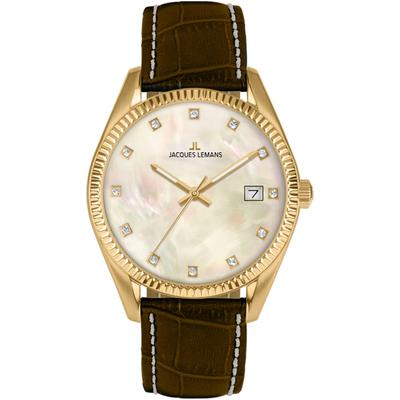 Quarzuhr JACQUES LEMANS "Derby", schwarz (dunkelbraun), Armbanduhren, Damen, Quarzuhr, Armbanduhr, Damen, analog, Datum, Perlmutt-Zifferblatt, Lederarmband