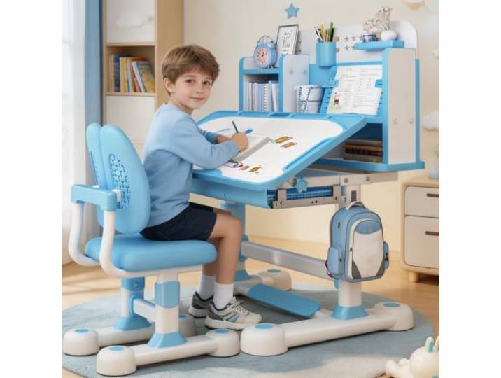 Kinderschreibtisch höhenverstellbar mit Stuhl, Schreibtisch Kinder Set 80 cm breite Schreibfläche, Sitzkorrektur, Buchständer, Stahlrahmen, Schublade, Rucksackhaken, für 3-18 Jahre Blau