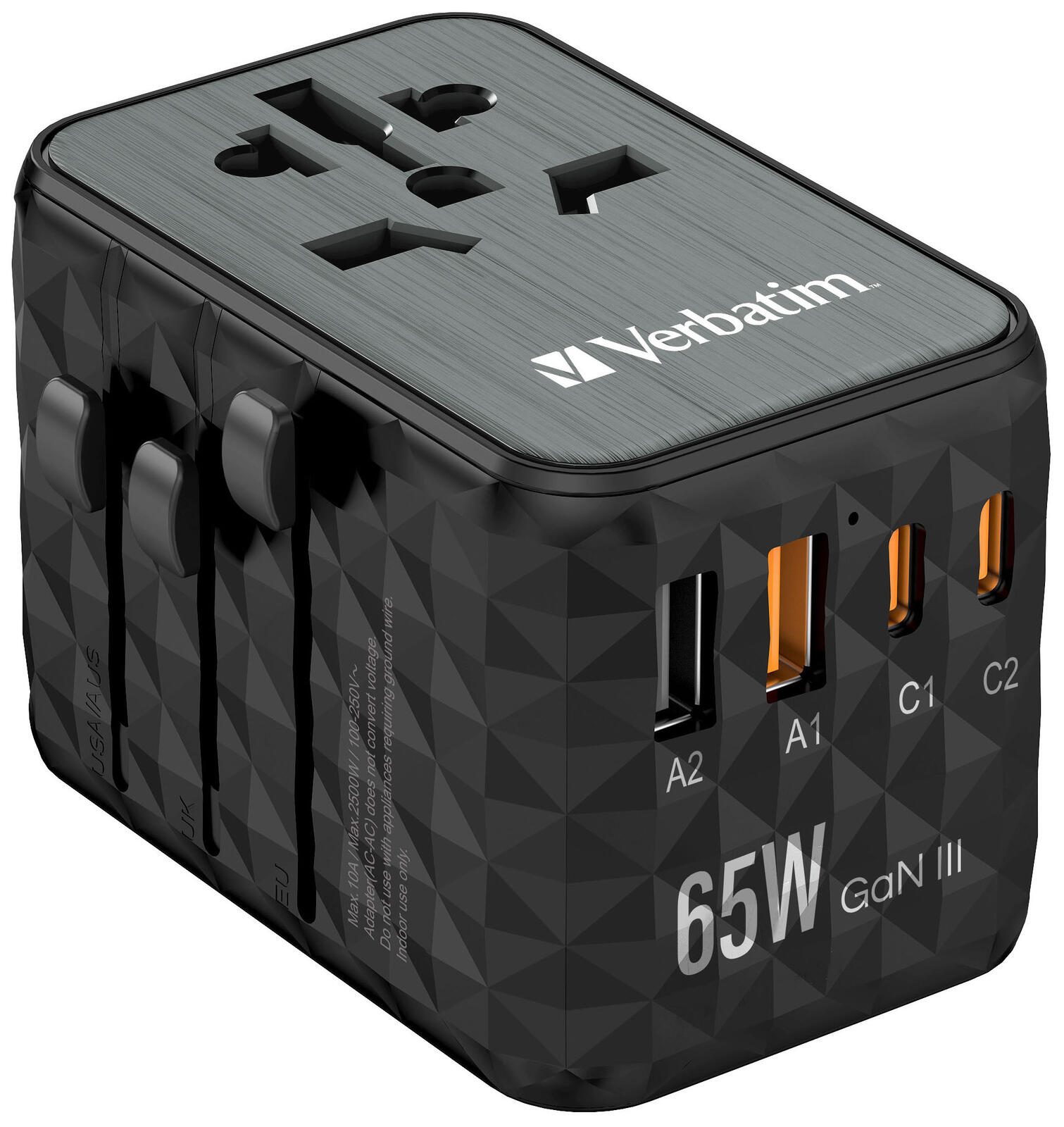 verbatim 65W 2x USB-A, 2x USB-C GaN Reiseadapter, schwarz 32120