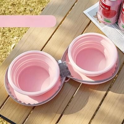 Uplifted Finds Foldable Silicone Double Dog Bowl Portable Travel Feeding Set pink