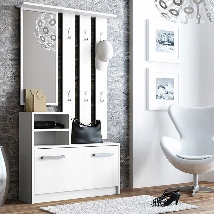 garneroarredamenti Mobile ingresso 85x180h cm con specchio scarpiera bianco Bergen