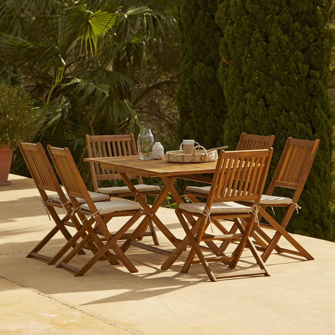 17 Stories Nayoun 6 - Person Solid Wood Patio Dining Set Rectangular Table No Umbrella 6