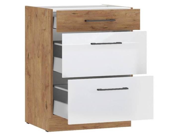 ROCK - Meuble bas casserolier - Mélaminé chêne Lancelot et Blanc brillant - 60 cm - 3 tiroirs - Plan de travail non inclus