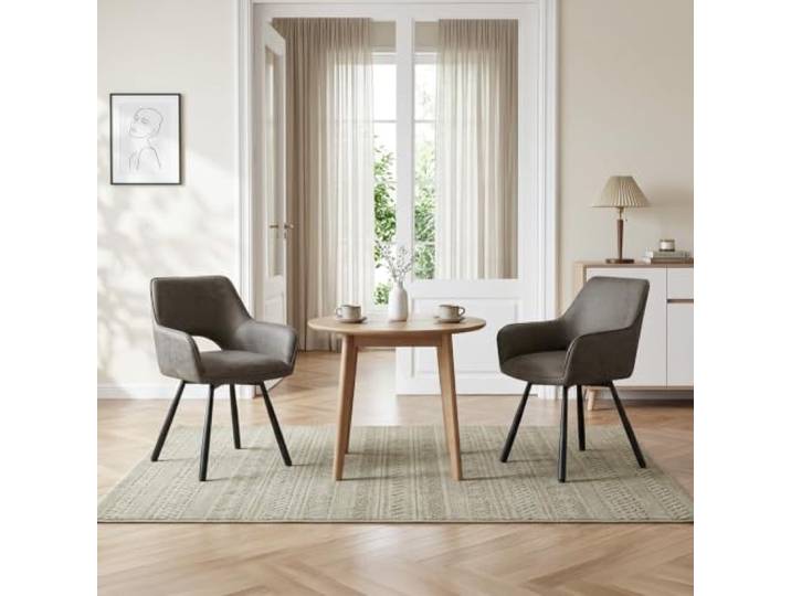 JIJIAN 360° Esszimmerstuhl Drehbar 2er Set in Technikgewebe, Braun Moderner Küchenstuhl, Polsterstuhl mit armlehne, Metallbeine, Tech Stoff, drehbar stühle für Esszimmer, Schlafzimmer, Küche