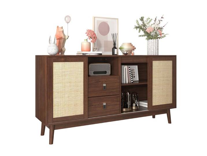 Buffet 3 portes coulissantes en rotin véritable 2 tiroirs et 1 étagère ouverte couleur foncée aspect bois 155x38x80 cm