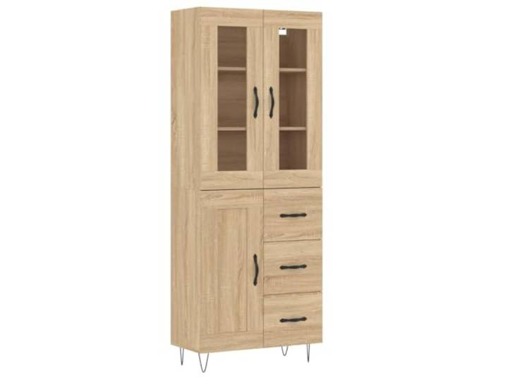 HGFDVCMR Highboard Sonoma-Eiche 69,5x34x180 cm Schrank Holzwerkstoff Stylischer Beistellschrank mit Glastüren und Metallfüßen für Wohnzimmer und Schlafzimmer. Hält Gegenstände staubfrei.