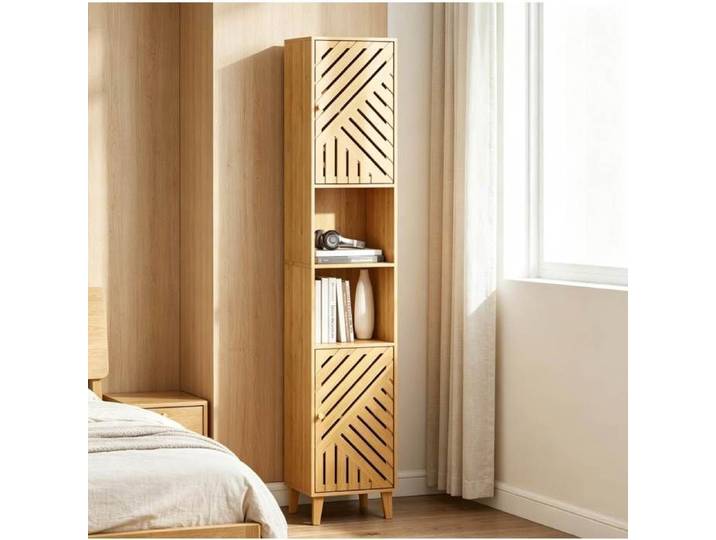 Colonne De Salle De Bain Haute Bois Naturel Meuble Haut Bambou FloraGrace Pour Salle De Bain Montage Requis 32x30x170cm