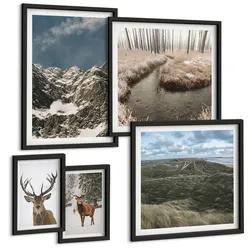 BILDER SET 5er Set - 50x50 cm & 20x30 cm & 40x60 cm Schwarzer Rahmen - Berge, Schnee, Hirsche, Waldlandschaft