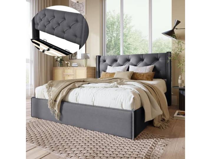 Lit Coffre - GENERIQUE - 140x200 cm - Sommier à lattes - Coffre de rangement - Gris