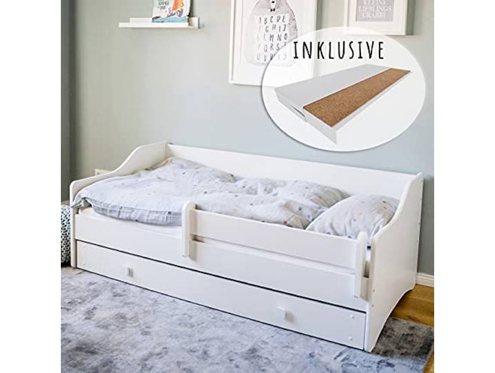 Kids Collective Kinderbett Jugendbett 80x160 cm mit Matratze Rausfallschutz Schublade Kinder Sofa Couch Bett umbaubar weiß von 3. bis 10. Lebensjahr