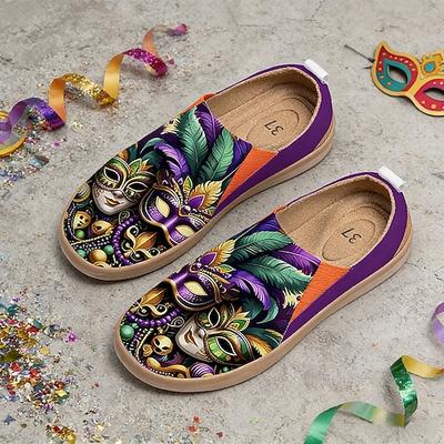 Damen Mardi Gras Karneval Weitgeschnittene Slip-On Schuhe – Weiche gepolsterte Innensohle venezianischer Masken-Kunstdruck künstlerische festliche Schuhe für Umzüge Kostüme lässige Ausflüge und