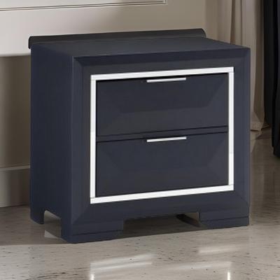 Benjara Rosy 27 Inch Nightstand, 2 Drawers, Chrome Accents, Midnight Blue Wood