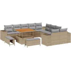 vidaXL 13-teiliges Gartensofa-Set mit beigen Kissen aus Poly Rattan und Akazie.