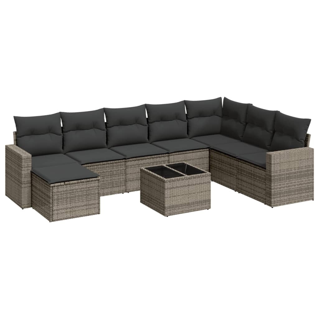 Modulare 9-tlg. Garten-Lounge-Sitzgruppe, Poly Rattan Grau, mit Stauraum, wasserabweisendem Beutel und Hartglas-Tischplatte, UV-beständig