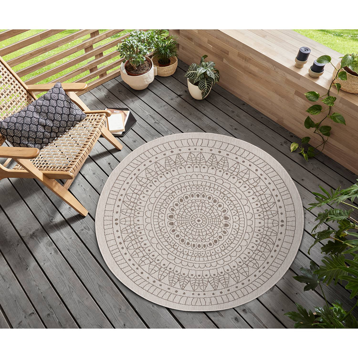 home24 In- en outdoorvloerkleed Porto rond, bruin/beige, Ø 200 cm