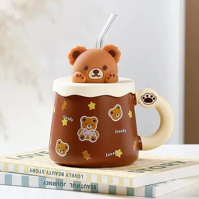 Perfect Picks Market Creative Bear Ceramic Mug With Lid & Straw   Large Capacity Coffee Cup For Breakfast & Milk chocolate