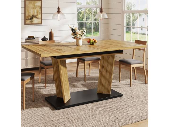 Table à manger extensible -table d'aspect bois massif-base stable- pieds antidérapants réglables-chêne clair-120-160x80x76cm