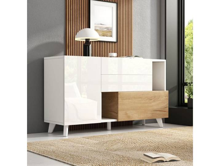 Buffet - SOGEU - Haut brillant blanc bois - Bicolore blanc/bois - Finition brillante - Ouverture push