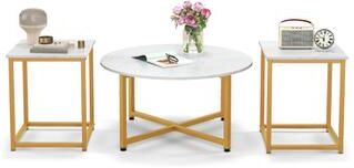 Costway 3-Piece Coffee Table Set Round Coffee Table and 2PCS Square End Tables-White and Gold