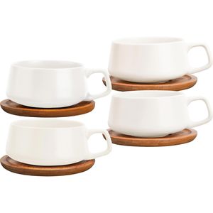 Miamio Kaffeetassen Cappuccino Luxe, 320ml, Keramik, weiß, 4 Tassen mit Untersetzer, Set 8-teilig, 4 Stück