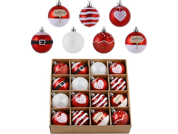 Weihnachtskugeln 16-teiliges Set 6 cm Rot Weiß Bruchfest, Mehrfarbig, Kunststoff, 6x6x6 cm, Dekoration, Weihnachtsdekoration, Christbaumschmuck, Christbaumkugeln