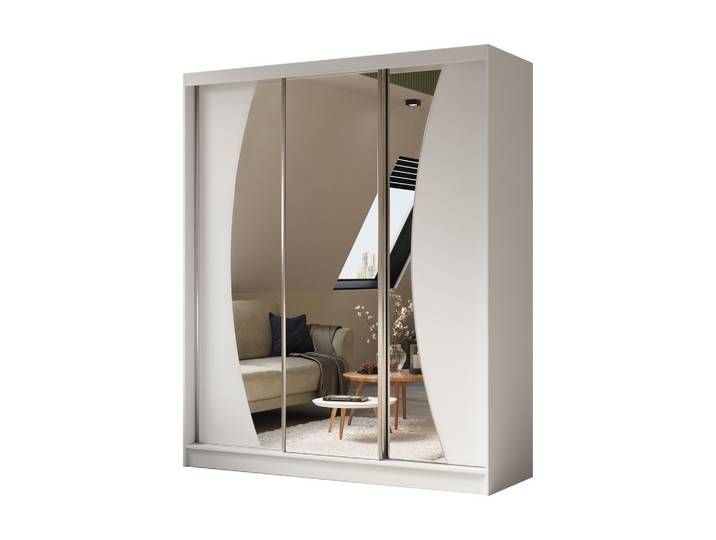 KLEIDERSCHRANK mit Spiegel-Schiebetüren und Aluminium-Leisten, LED-Beleuchtung - VOXI - 180 cm Weiß