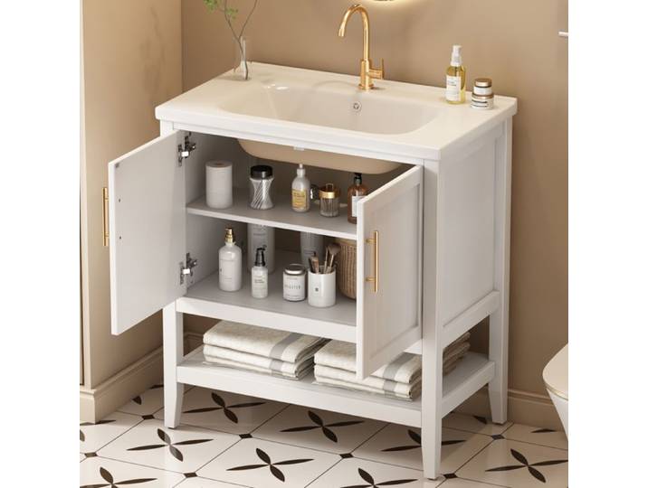 Meuble sous-lavabo avec lavabo céramique - 80 cm - Blanc - MDF - Lavabo en céramique - Meuble de salle de bain simple
