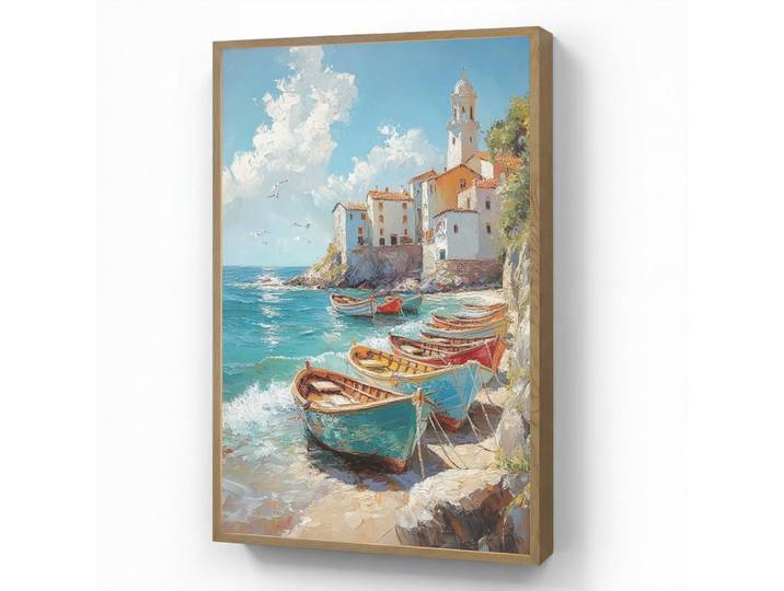 OnlyWow Wandleuchte MIT Akku Boote - Felsen - Meer - Sonne 60x90 cm, Blau, Rechteckig, LED integrated, 60x90x8 cm, Lampen & Leuchten, Innenbeleuchtung, Wandleuchten