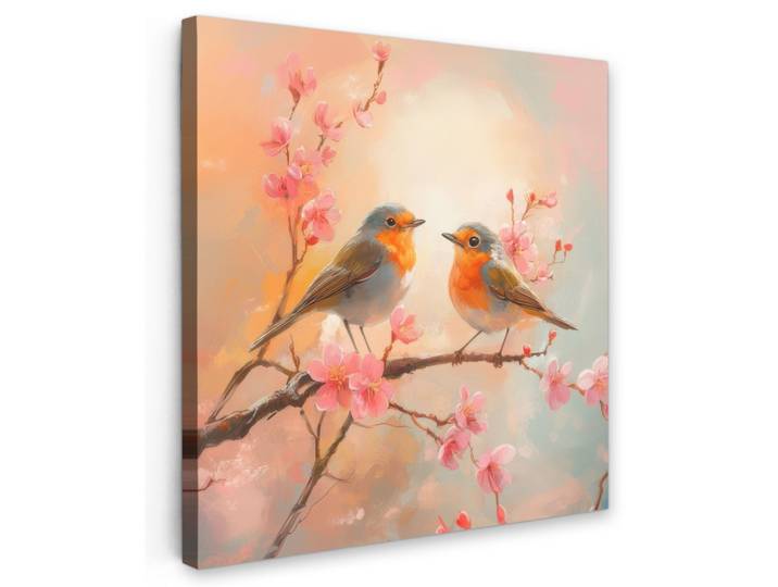 LEINWANDBILD Rotkehlchen - Zierpflanze - Blütenzweig Deko Groß 90x90 cm